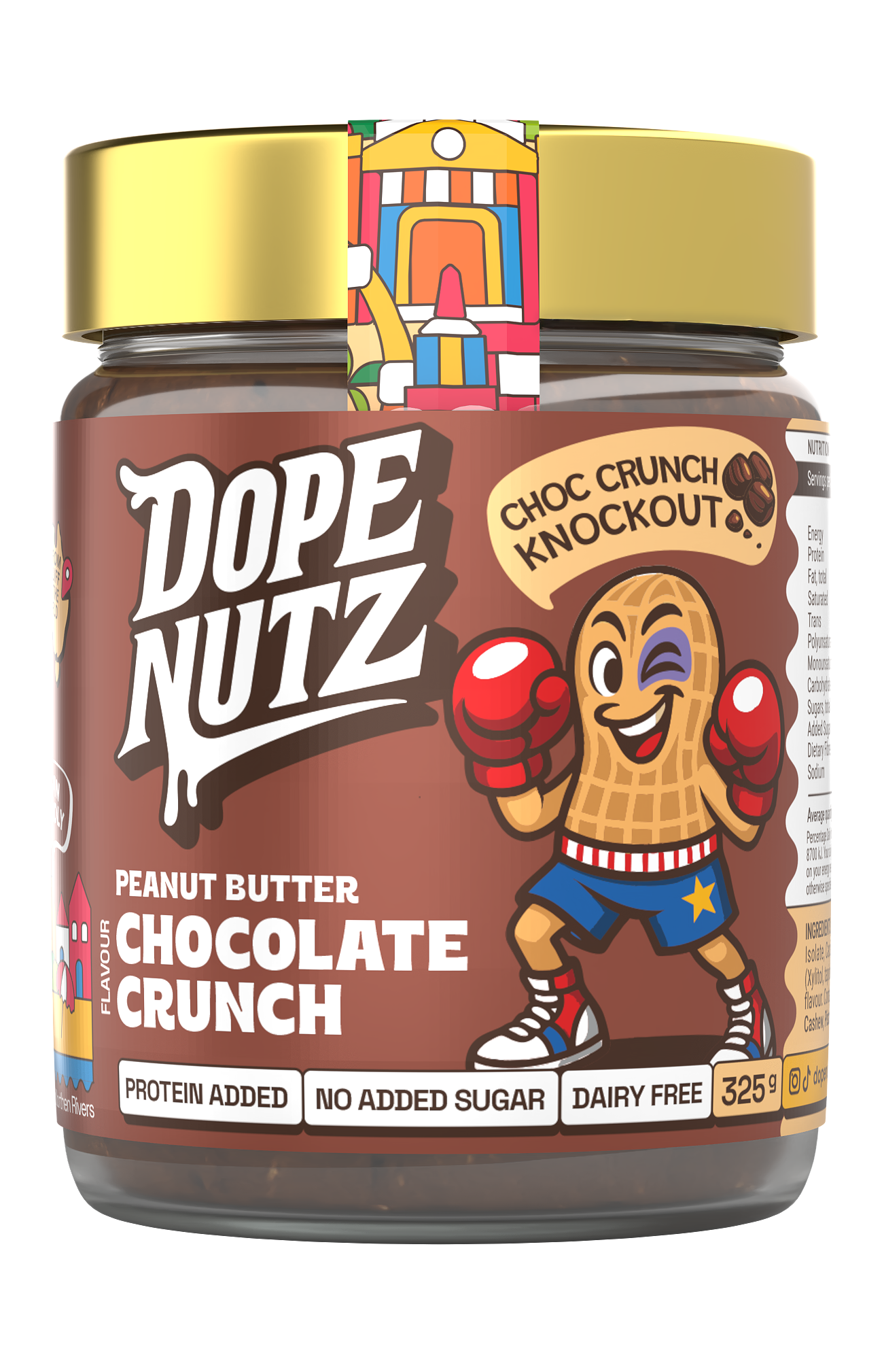 Jar of Dope Nutz Peanut Butter Chocolate Crunch on a white background